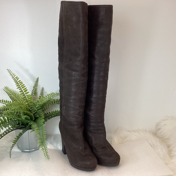 PRADA TALL BOOTS LEATHER CHOCOLATE BROWN BLOCK HEEL SLIGHT SLOUCH SZ 7.5 - Picture 7 of 16